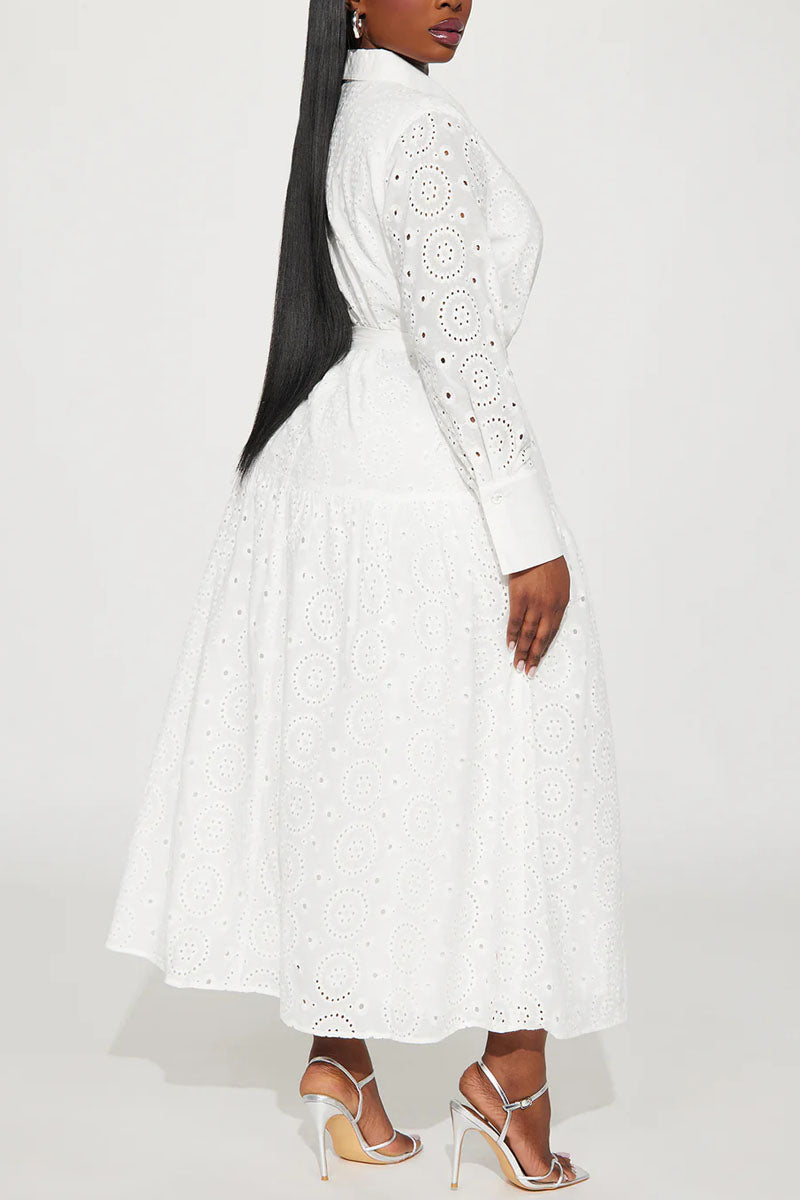 Women's Casual Eyelet Embroidered Button Down Shirt Dress