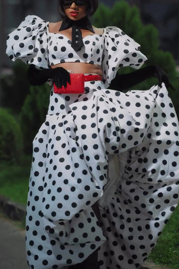 Women's Polka Puff Sleeve Crop Top & High-Waisted Maxi Skirt