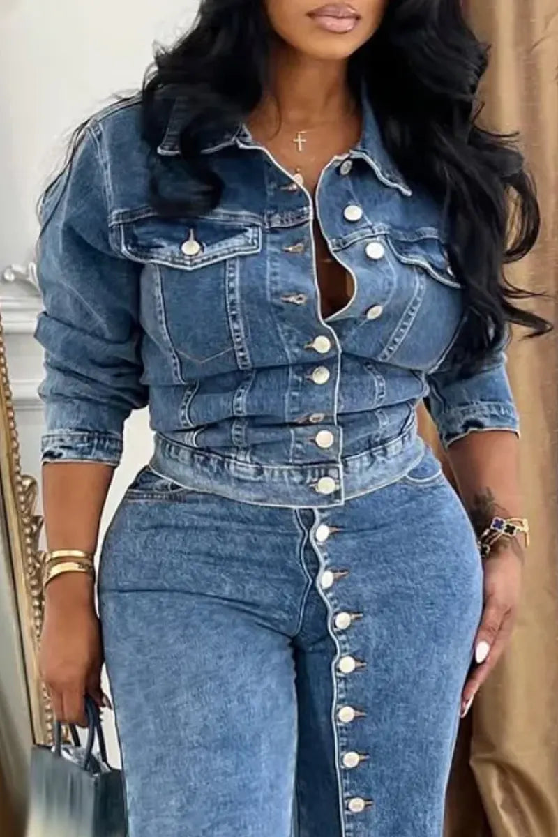 Women Collar and Buckle Splicing Casual Denim Suit