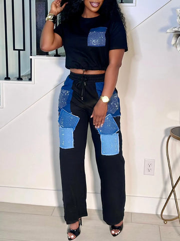 Women's Casual Black Crop Top or  Pants Set with Denim Rhinestone Patches