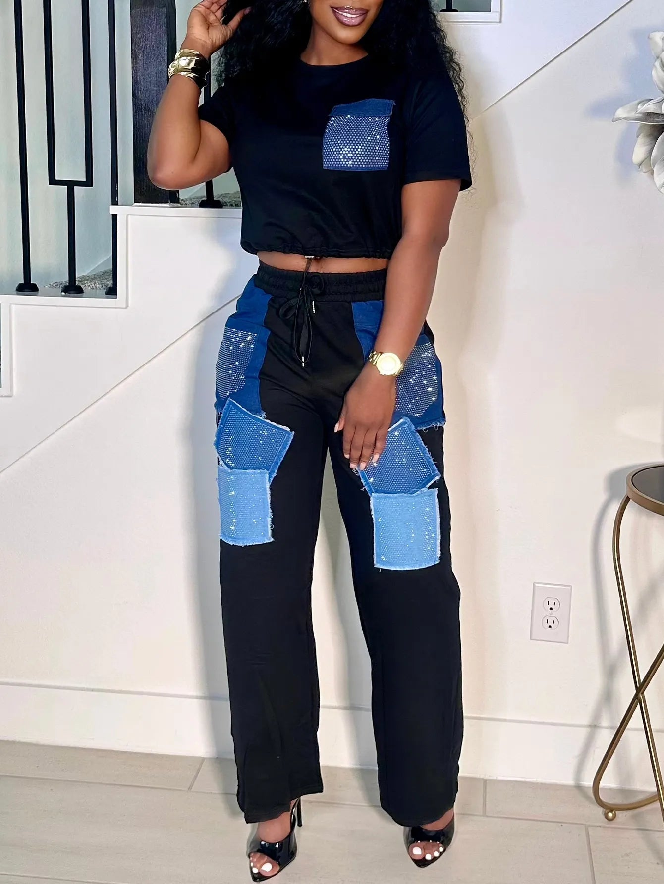 Women's Casual Black Crop Top or  Pants Set with Denim Rhinestone Patches