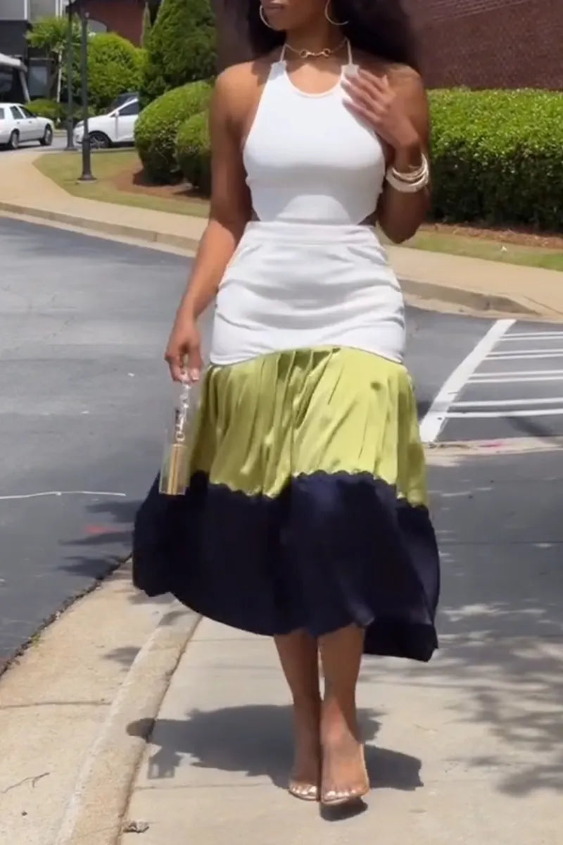 Women's Casual Hem Color-Block Open-Back Dress