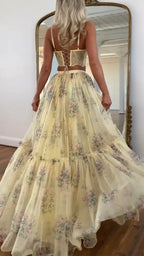 Women Spaghetti Strap Patchwork Top+half Skirt Elegant Temperament Set