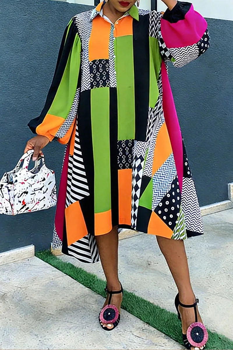 Women's African Ankara Print Patchwork Oversized Shirt Dress