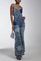 Women's Comfortable Casual Denim Patchwork Jumpsuit