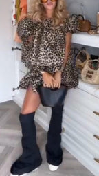 Women Round Neck Leopard Print Top + Half Skirt Casual Suit