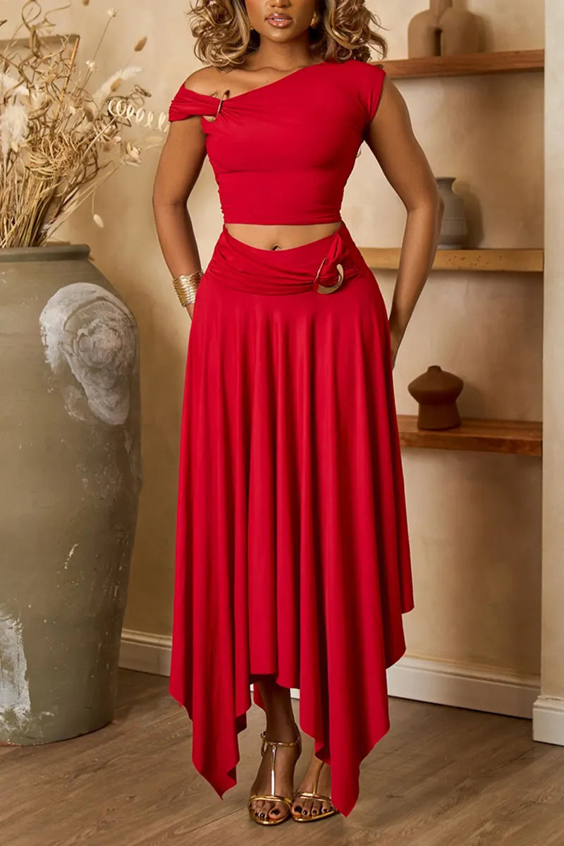 Women's Fashion Casual Knit Top Asymmetric Hem Skirt Set