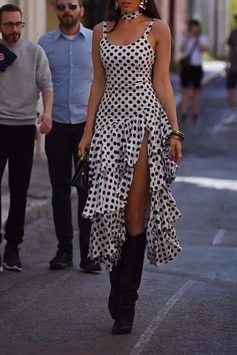 Women's Fashion Tiered Slit Hem Polka Dot Dress with Tie