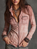 Vintage Zip-up Distressed Denim Shirt