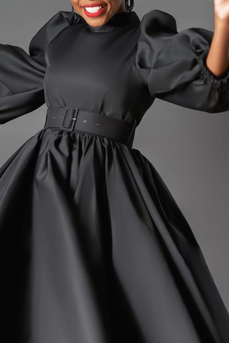 Women's Color Large Puff Sleeve Midi Dress Dresses