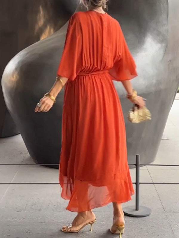 Women Stylish and elegant V-neck chiffon midi dress