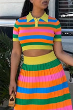 Women's Casual Multicolor Stripe Knit Top & Skirt