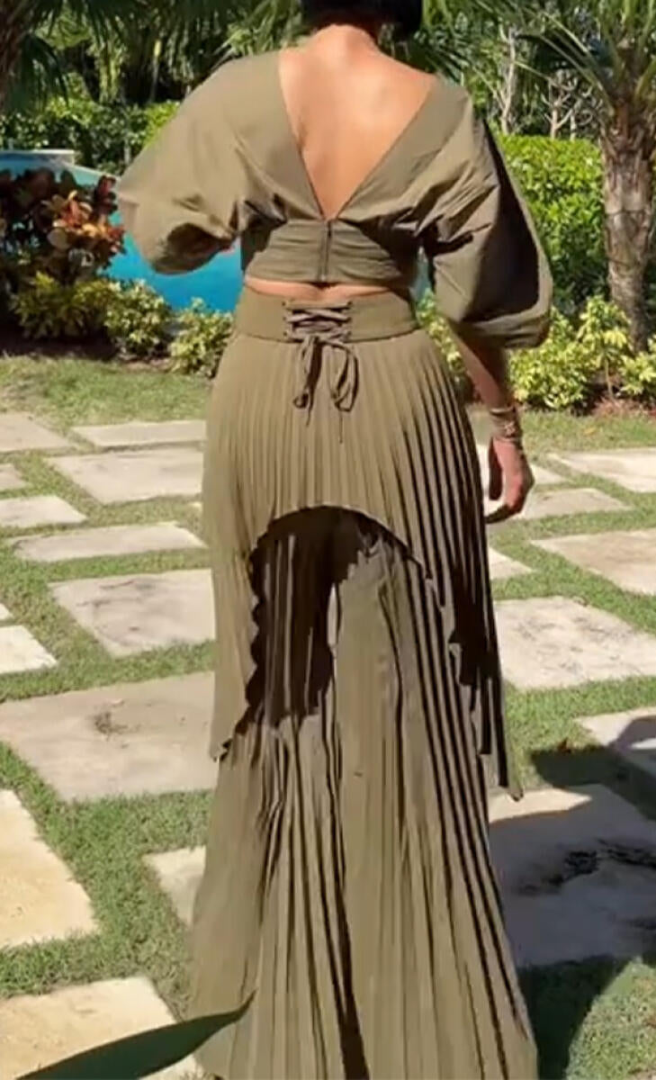 Women V-neck Short Top + Patchwork Pleated Wide Leg Pants Solid Color Temperament Casual Set