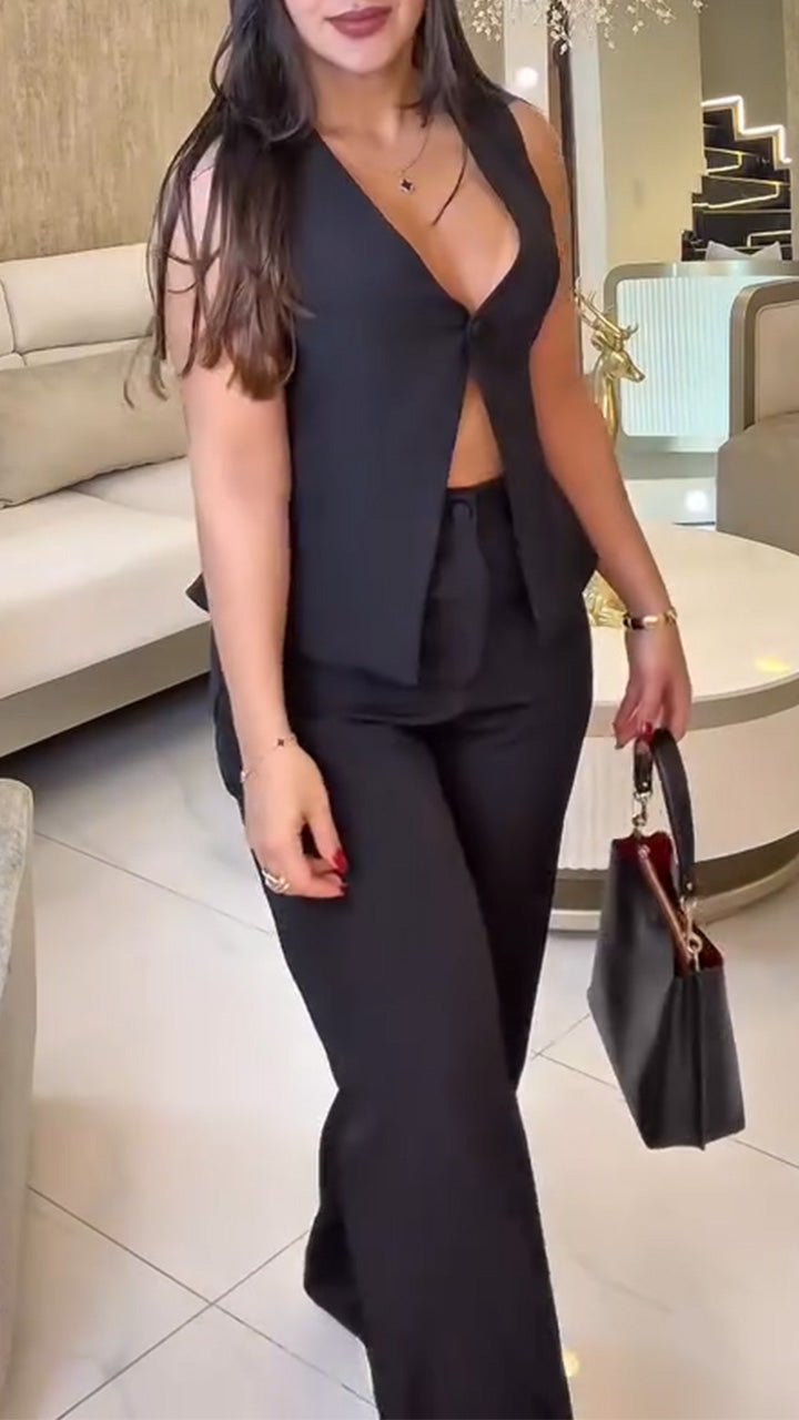 Womens V-neck Back Hollow Top + Pants Casual Suit