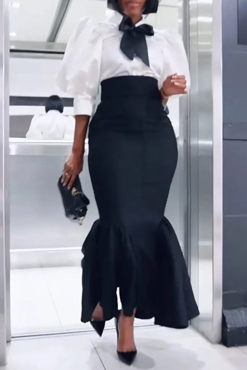Women's Elegant Puff Sleeve Shirts & High Waist Fishtail Skirt