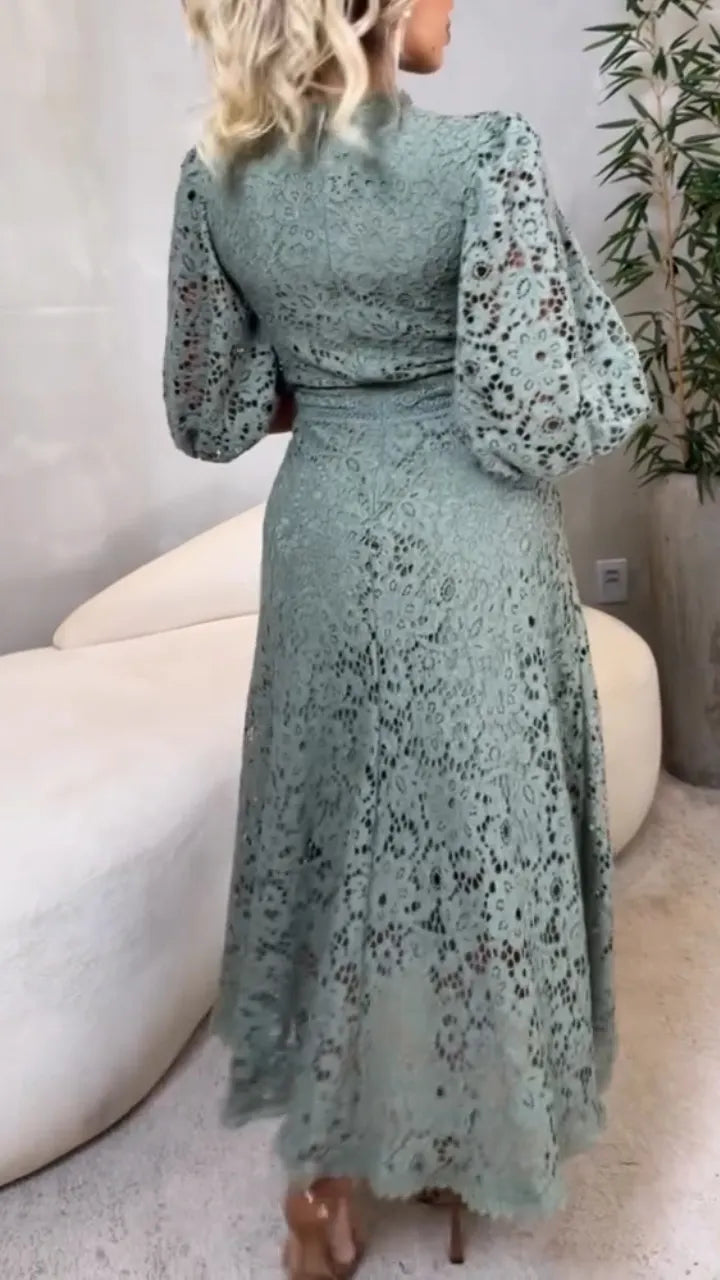 Women's Round Neck Lantern Sleeve Lace Hollow Dress