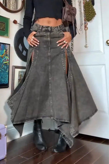 Irregular Patchwork Slit Casual Denim Half Skirt for Women