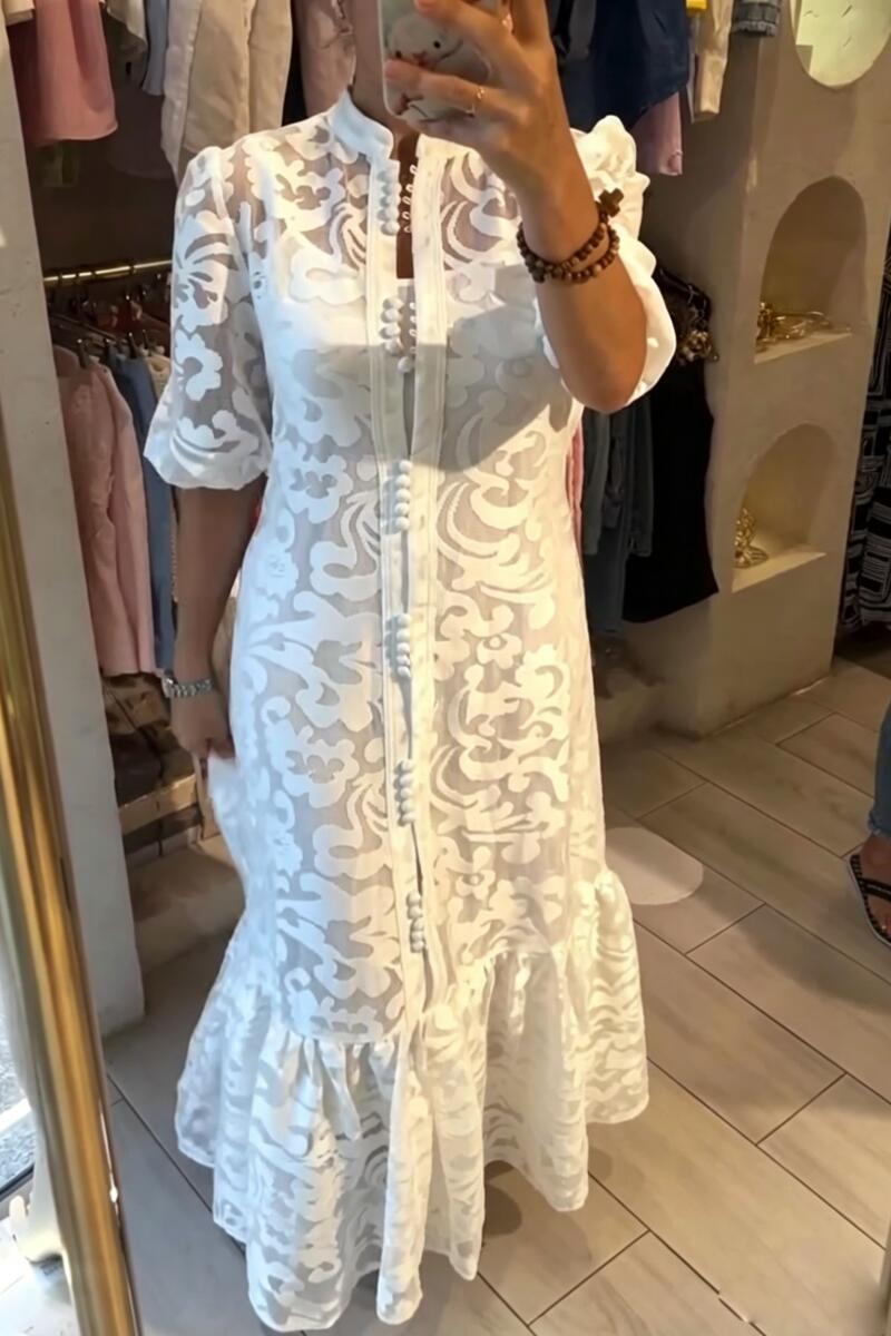 Women Round Neck Printed Patchwork Buckle Elegant Temperament Dress