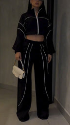 Women Stand Collar Vertical Stripe Jacket+ Pants Casual Suit