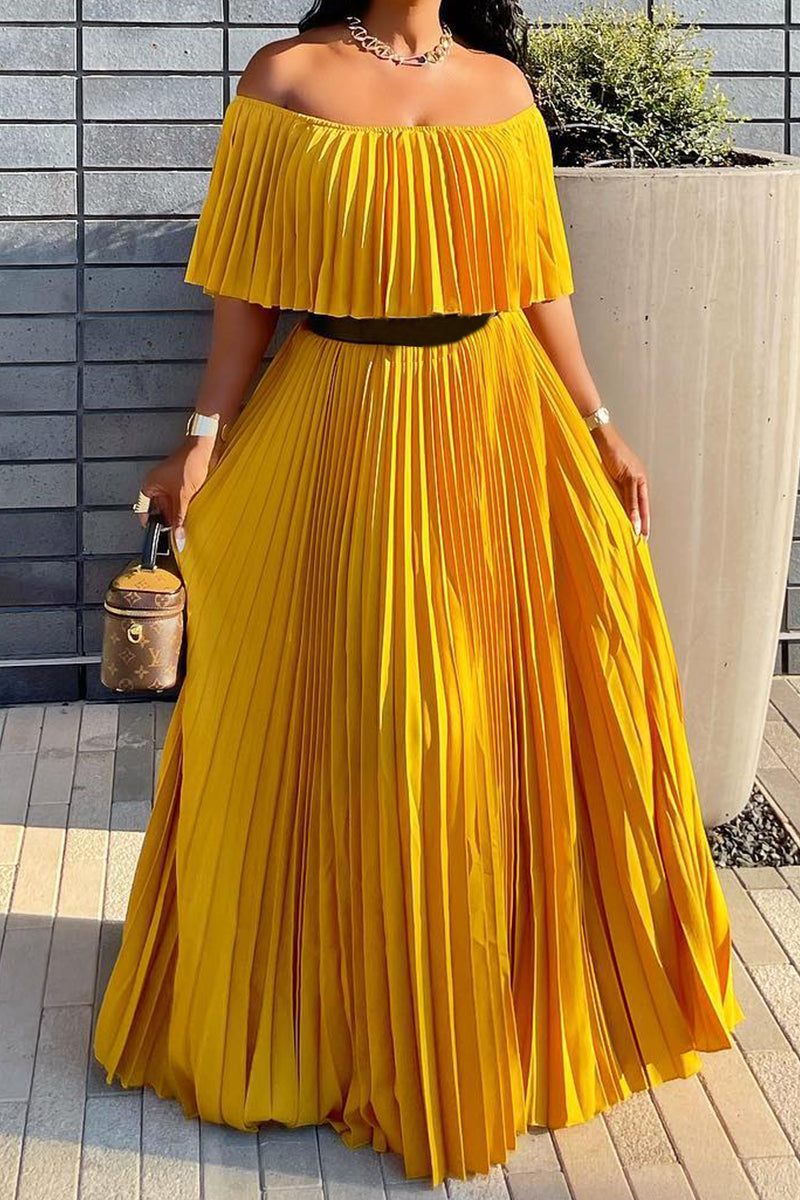 Women's Flowy Pleated Off-Shoulder Jumpsuit with Ruffle Overlay