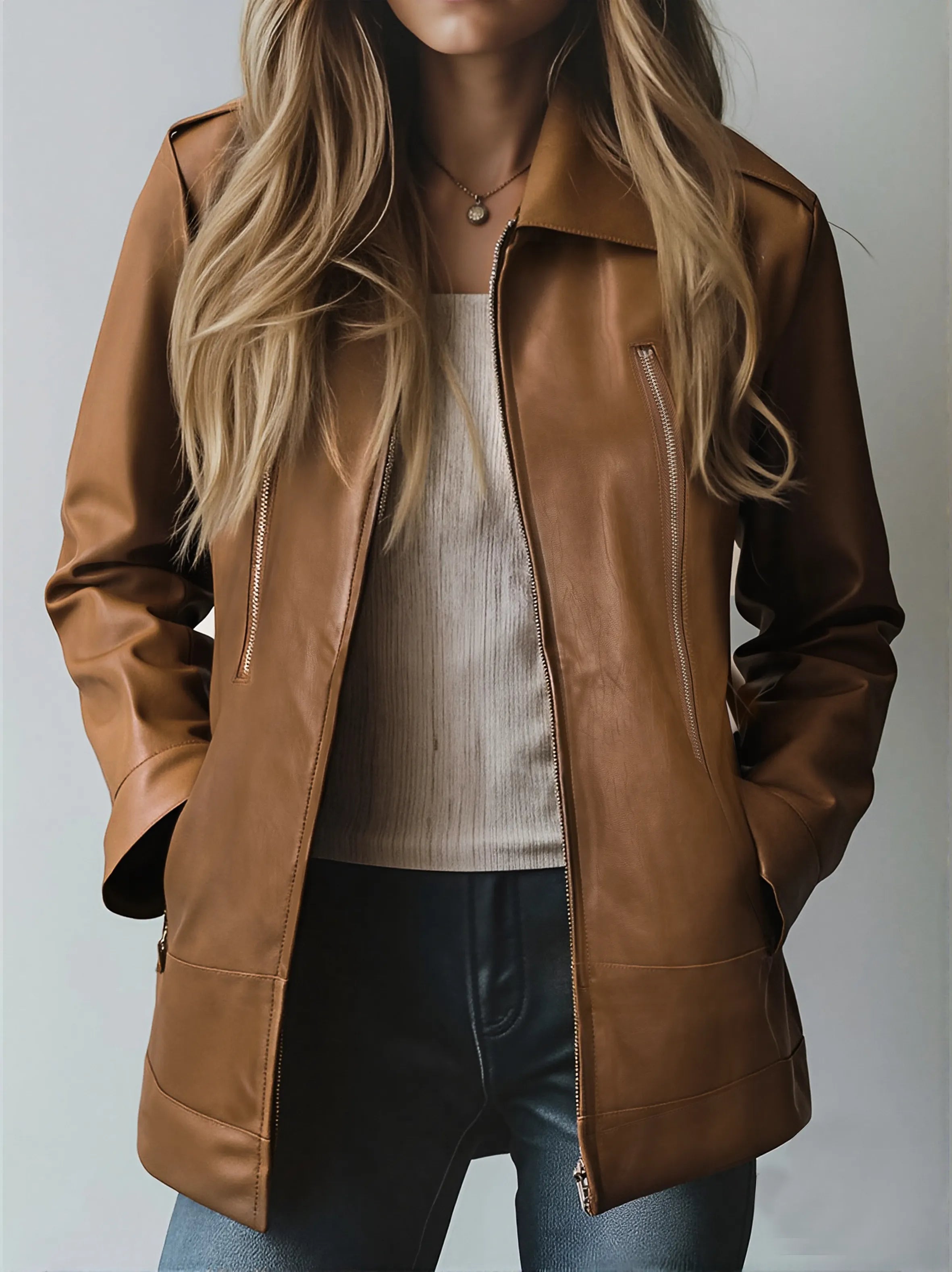 Women's Vintage Lapel Zipper Faux Leather Jacket