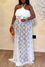 Womens Neck Hanging Lace Patterned Top + See Through Half Skirt Elegant Casual Set