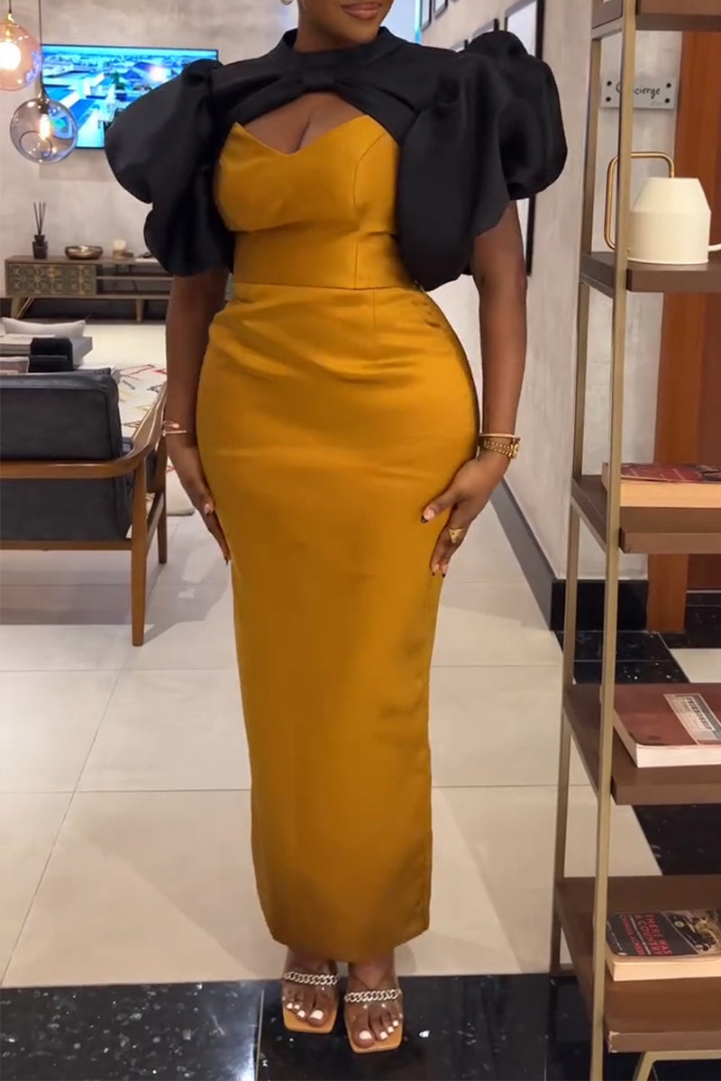 Women's Elegant Oversized Puff Sleeve Color-Block Dress 2 Piece Set