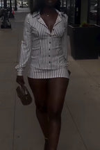 Women Collar Vertical Striped Shirt + Half Skirt Elegant Casual Set