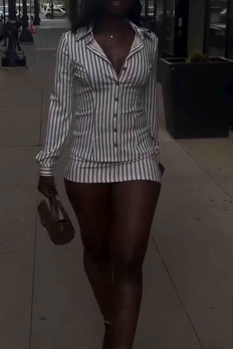 Women Collar Vertical Striped Shirt + Half Skirt Elegant Casual Set