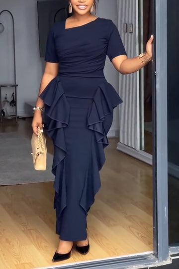 Women Asymmetrical Collar Splicing Waist Cinching Elegant Temperament Maxi Dresses