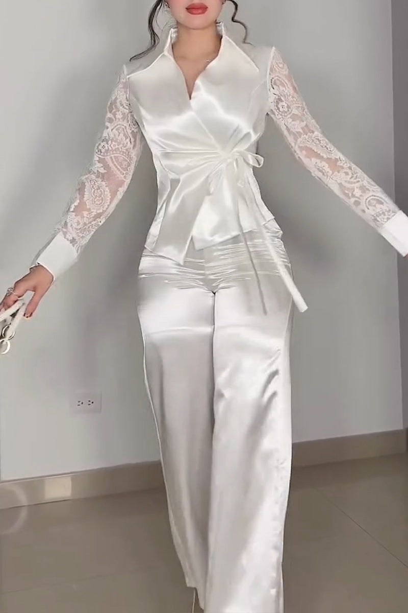 Women's Commuter Lace Sleeve Panel Blouse Pants Set