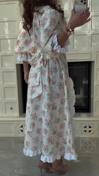 Women V-neck Cinched Waist Printed Slit Elegant Temperament Dress