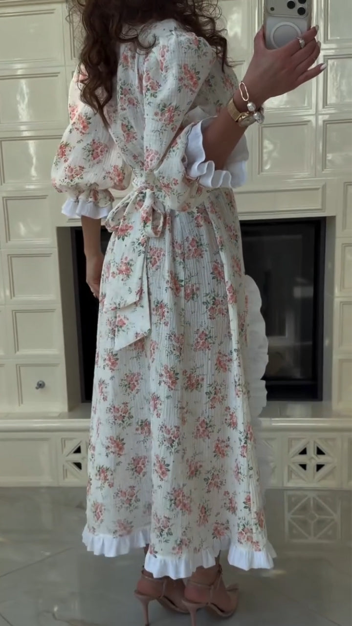 Women V-neck Cinched Waist Printed Slit Elegant Temperament Dress