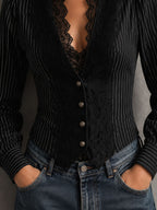 Retro Elegant Black Pinstripe Lace Panel Blouse