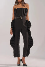Women's Structured Pleated Trim Strapless Jumpsuit With Waist Belt