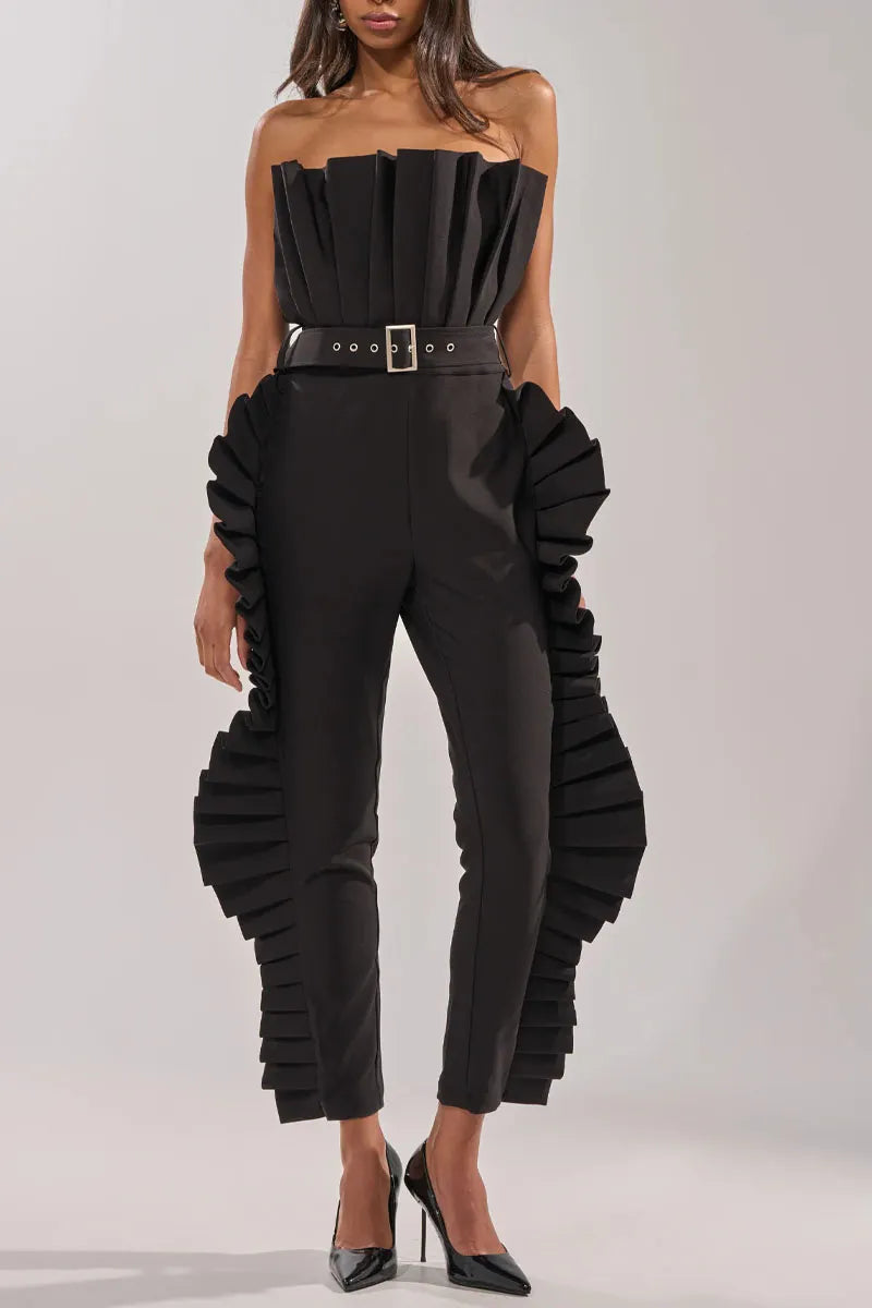 Women's Structured Pleated Trim Strapless Jumpsuit With Waist Belt