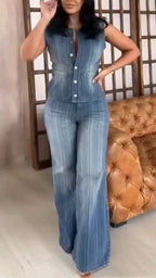 Women Round Neck Vertical Breasted Wash Top+ Pants Casual Denim Suit