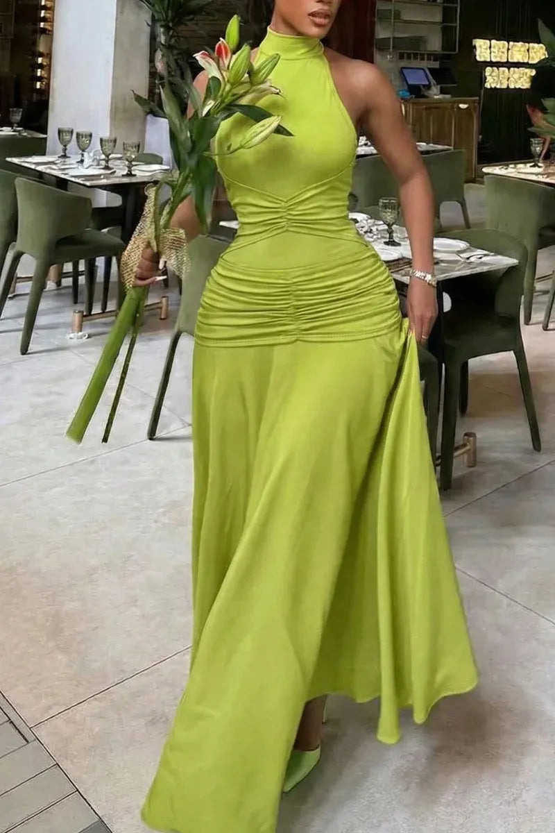 Women's Urban Minimalist Pleated High Neck Long Dress
