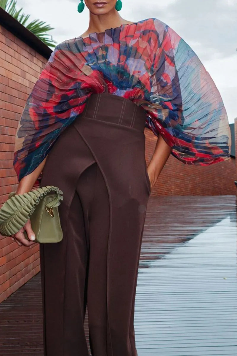 Women's Fashion Pleated Print Bodysuit & High Waist Double Layer Pants
