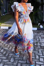 Women V-neck Printed Waist Cinched Flying Sleeve Elegant Casual Maxi Dresses