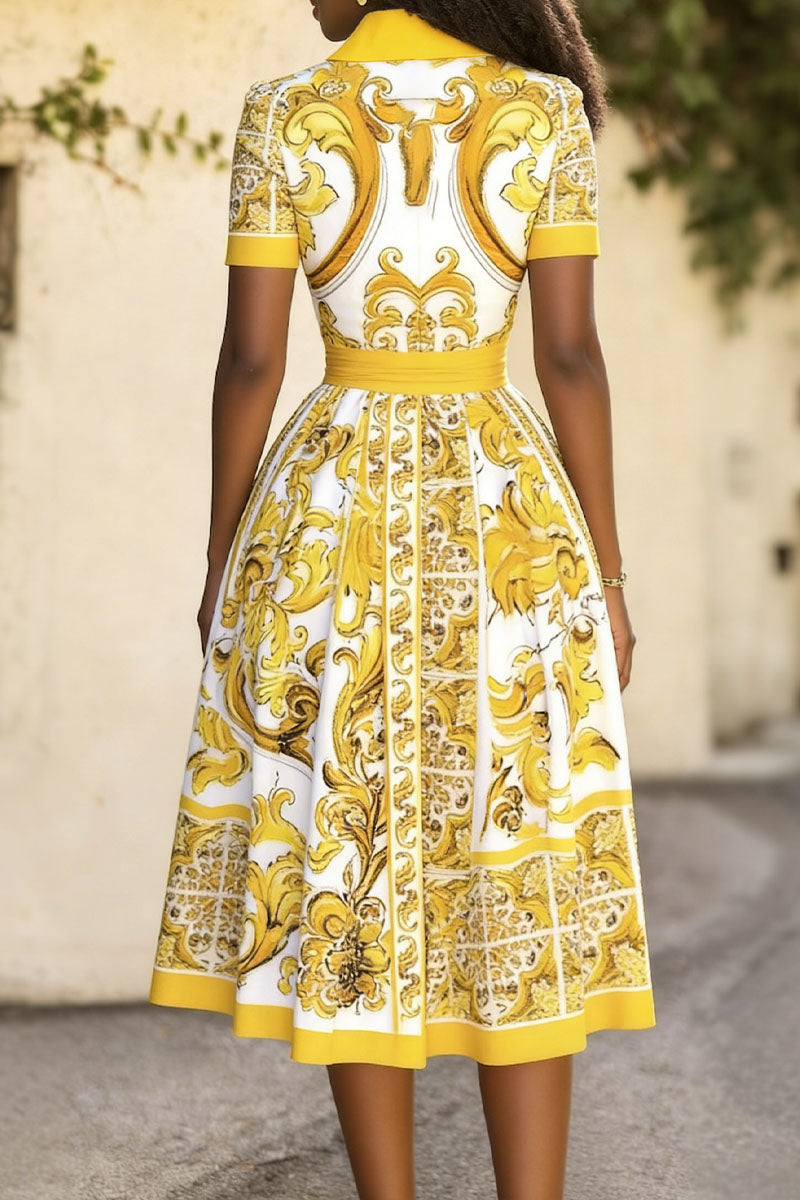 Women's Baroque Print Shirt Dress With Waist Tie