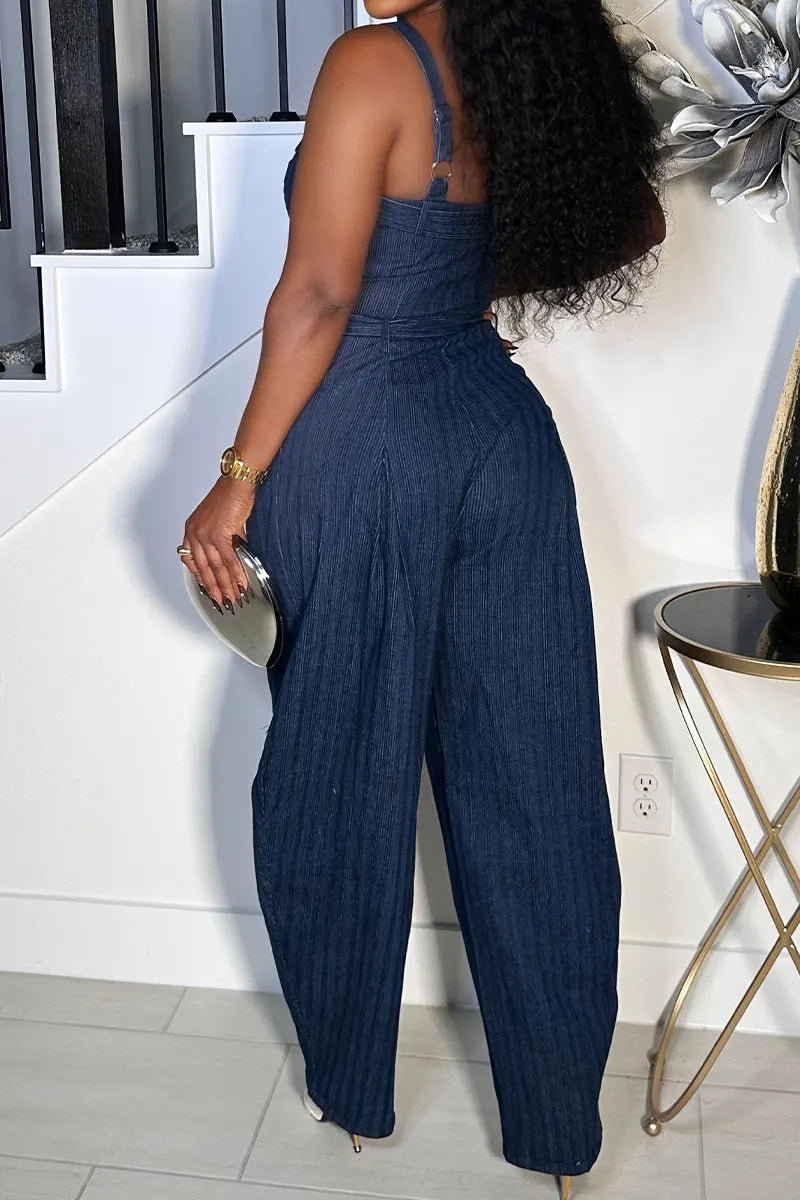 Women's High Waist Denim Jumpsuit with Belted Waist, Square Neck & Wide Leg Pants