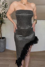 Women's Party Sparkling Rhinestone Asymmetric Feather Hem Dress
