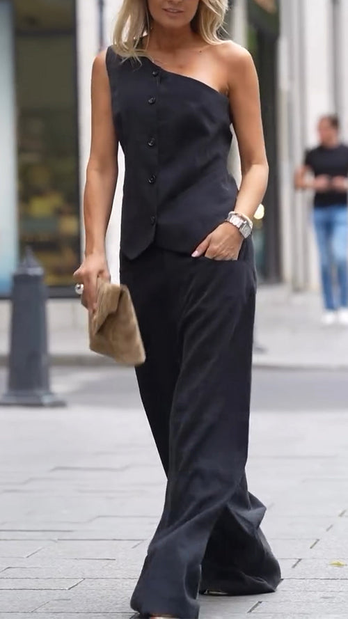 Ladies Diagonal Collar Breasted Top+ Pants Casual Suit