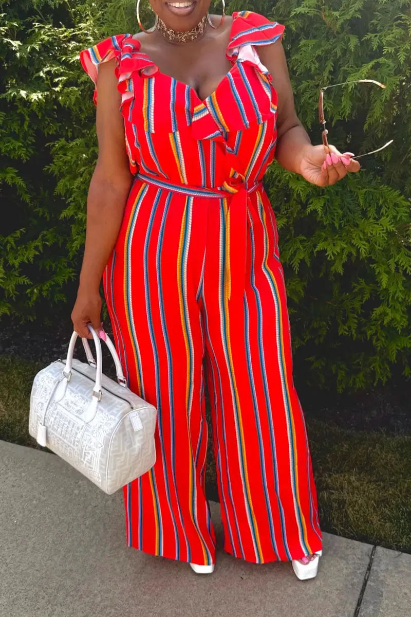 Women's Bright Color Striped Ruffle Trim Wide Leg Vacation Jumpsuit