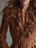 Vintage Caramel Eco-Suede Ruffle Blouse With Lace Trim