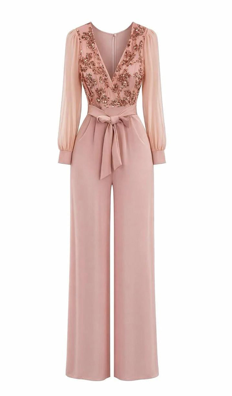 Women V-neck Sequin Patterned Casual Jumpsuit with Temperament