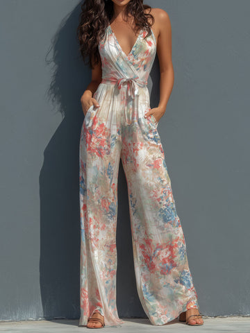 Boho Resort Floral Satin Halter Wrap Front Wide-Leg Jumpsuit
