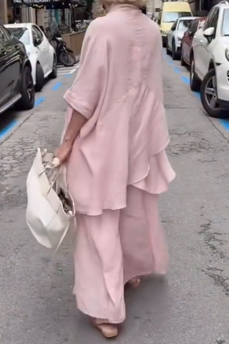 Womens V-neck Top+ Wide Leg Pants Loose Casual Suit