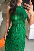 Women's Elegant Halter Neck Hollow Knitted Resort Dress